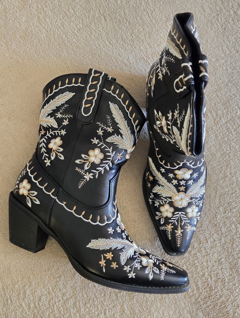 Embroidered Black Western Ankle Boots - Floral Detail